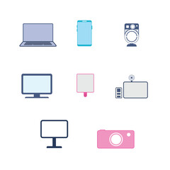 Various types of electronic devices arranged in a grid format on a neutral background