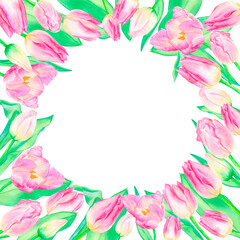Floral square frame with watercolor drawn pink tulips,buds and leaves isolated on a white background.