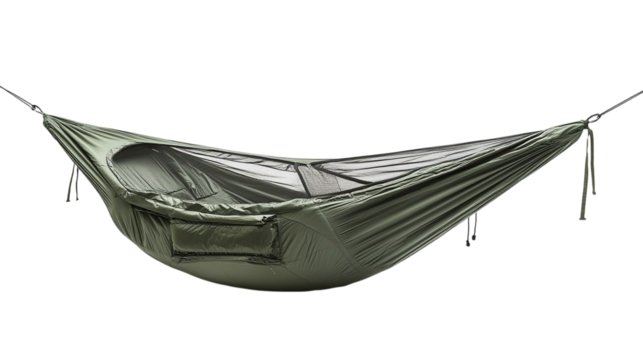 • A high-tech foldable camping hammock with integrated mosquito net, isolated on white background in HD 