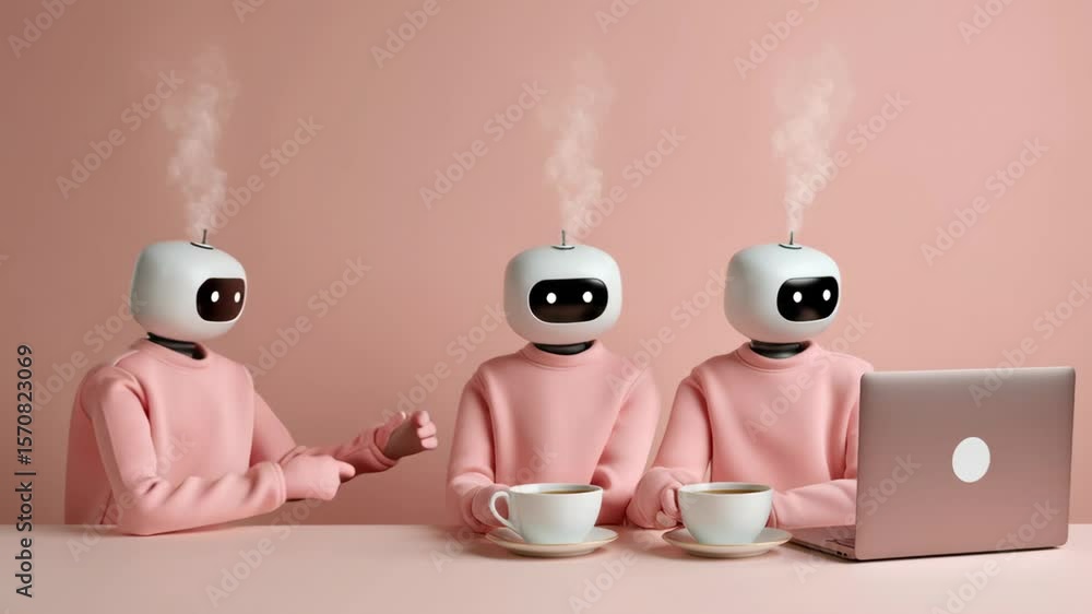 Poster two robots are sitting at a table with cups in front of them. the robots are wearing pink sweaters a
