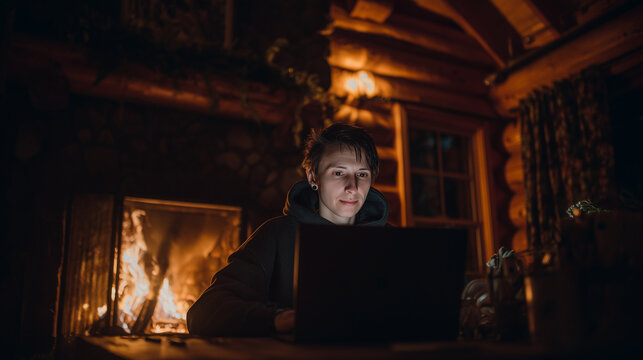 Young Remote Worker Using Laptop in Cozy Log Cabin with Fireplace at Night