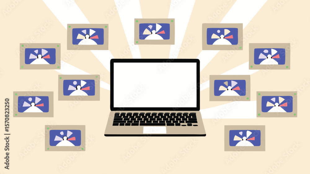 Poster laptop surrounded by screens displaying abstract figures against a beige background with light rays
