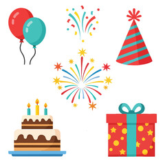 Collection of colorful birthday party elements including balloons cake gift hat and fireworks