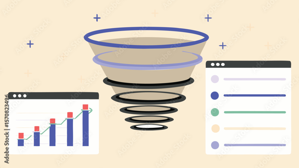 Poster illustration showing a sales funnel with data charts and a list on a light background color