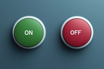 Green button marked ON and red button marked OFF arranged on a flat surface
