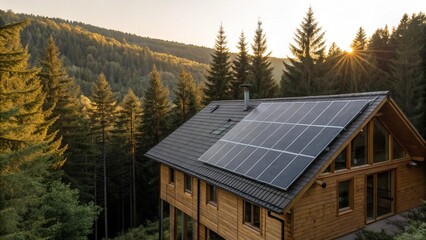 Close-up of a Rooftop Solar Panel Array on a Wooden Cabin, Surrounded by a Lush Forest at Sunset