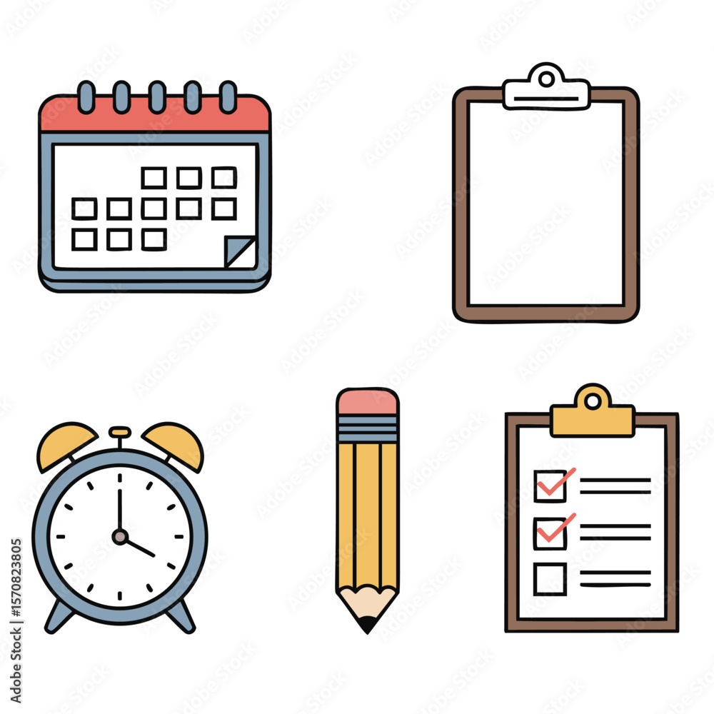 Poster set of five simple flat design icons representing planning and organization tasks