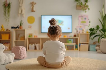 Small child engages in playful learning during online kindergarten class at home