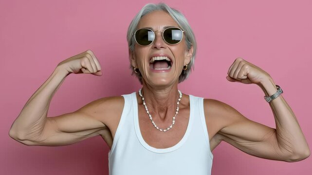 Woman with a necklace and sunglasses on her face is flexing her arm. Concept of confidence and strength