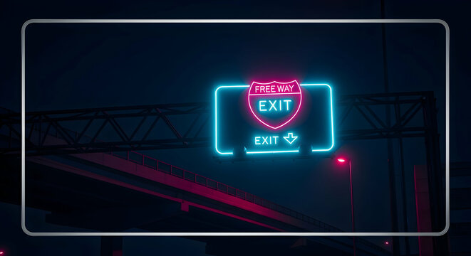 Vibrant Neon Exit Sign Illuminates Nighttime Freeway Route Destination Guide