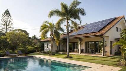 Fototapeta premium Modern Tropical House with Rooftop Solar Panels, Backyard Swimming Pool, and Palm Trees on a Sunny Day