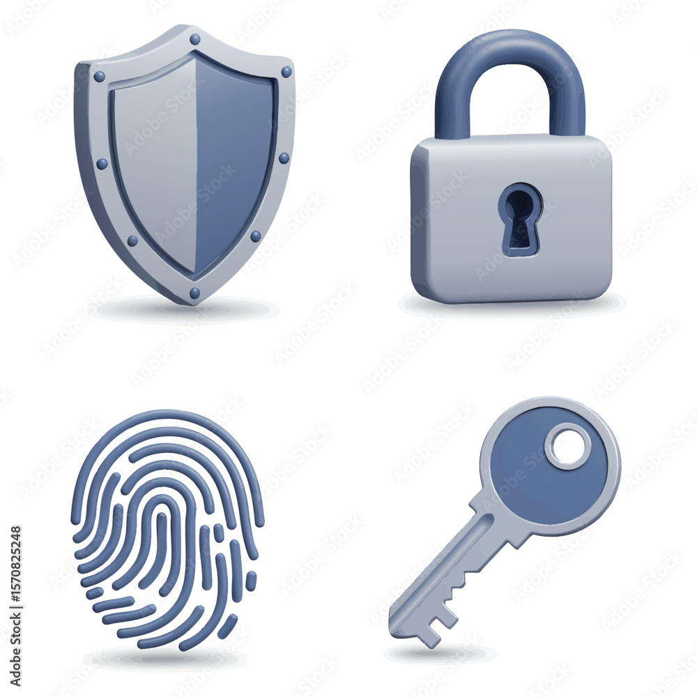 Poster collection of security icons including a shield padlock fingerprint and key