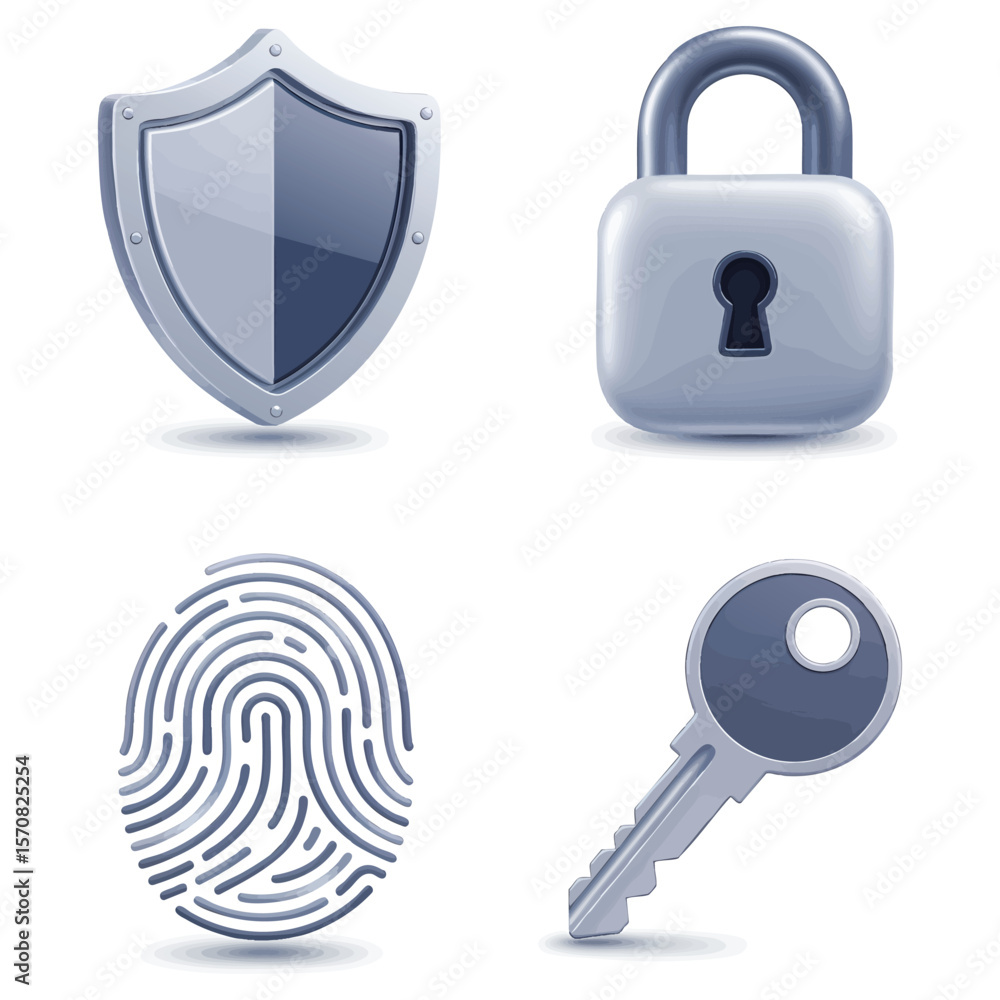 Poster collection of security icons including a shield padlock fingerprint and key