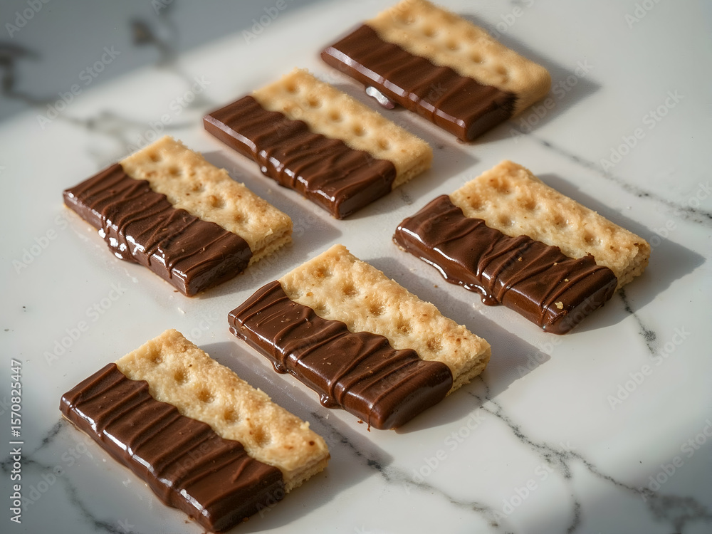 Aufkleber delightful chocolate dipped crackers on a pristine marble surface, showcasing a tempting array of sw