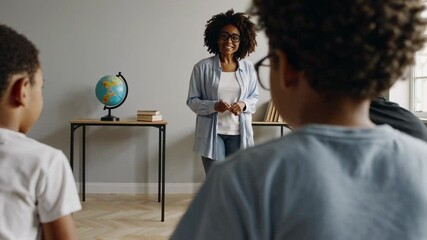 African american educator interacting with elementary students, sharing knowledge in vibrant classroom setting, promoting collaborative learning - Powered by Adobe