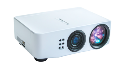 • A high-tech outdoor projector with a portable design, isolated on white background in HD 