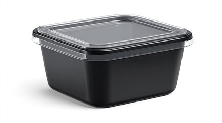 Square black plastic food container with clear, slightly domed lid, isolated on white