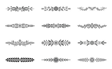 Collection of twelve ornate floral decorative borders and dividers isolated on white background