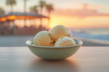 Three scoops of light-colored ice cream in a shallow bowl, outdoors.