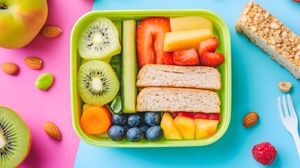 Healthy lunchbox for kids with sandwich fruit