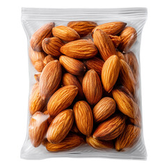 Fototapeta premium Fresh almonds in a plastic bag healthy snack food ingredient concept isolated on transprint background