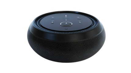 • A high-tech personal assistant speaker with 360-degree sound, isolated on white background in HD 