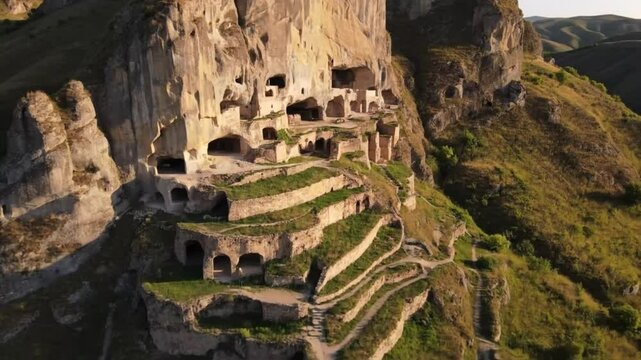 An aerial perspective showcases the ancient cave monastery of vardzia in georgia, carved into the mountainside, bathed in the warm sunlight of the day