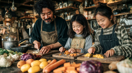 Asian family cooking together in rustic kitchen, chopping vegetables and smiling, joyful home bonding activity in warm atmosphere