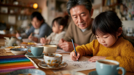 Child drawing with pencil while family enjoys tea and conversation in cozy home, warm atmosphere, creativity, happiness