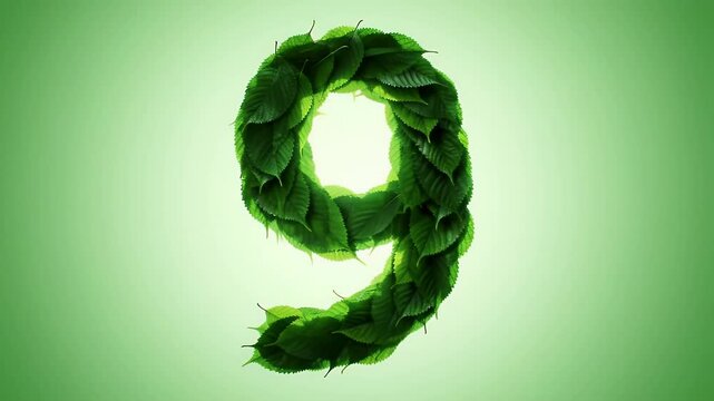 Green Number Nine Made of Leaves on Light Green Background in a Soft Lighting Style