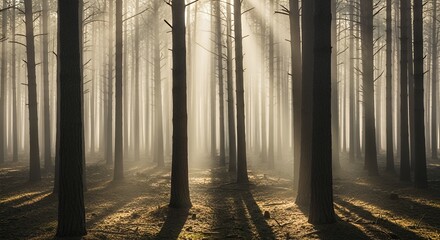Sunlit Forest: Atmospheric Scene of Trees and Misty Light Beams