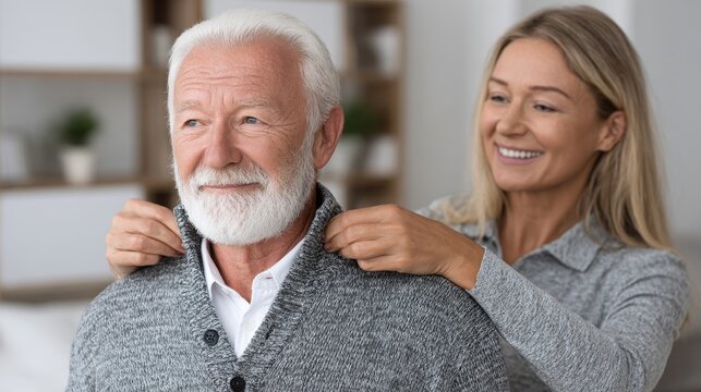 Caregiver assisting elderly man dress in bright bed home lifestyle image indoor compassionate care for seniors - Powered by Adobe