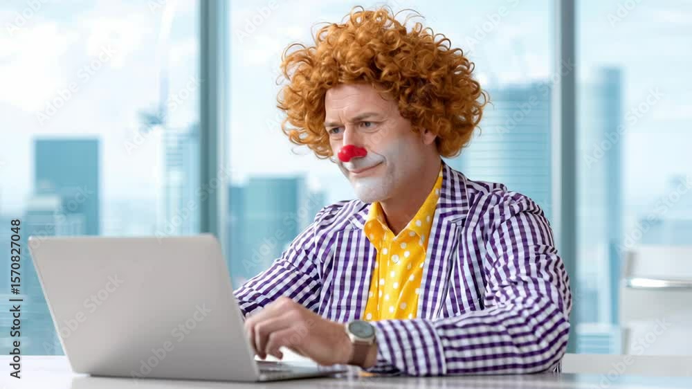 Aufkleber clown with a red nose and a white laptop. he is sitting at a desk in front of a window
