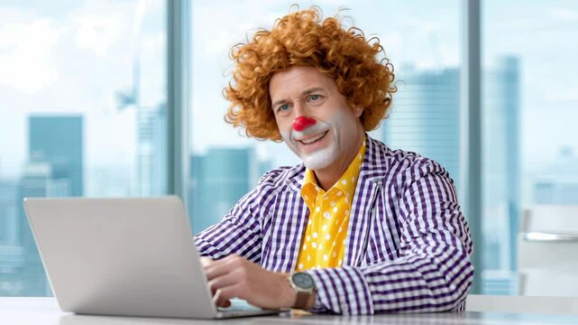 Clown with a red nose and a clown wig sits at a desk with a laptop. He looks sad and is typing on the laptop