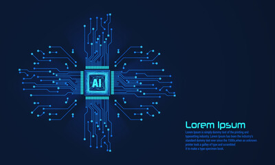 Futuristic AI chip at the center of a glowing digital circuit board, symbolizing advanced technology and artificial intelligence integration.Low-poly wireframe vector illustration.