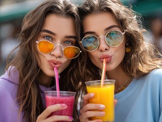 Two young women with long hair and sunglasses, enjoying drinks in the city on sunny days. They smile while holding colorful fruit juice glasses and making playful faces