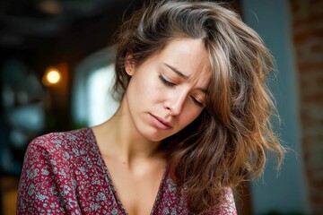 Obraz premium Expressive young adult woman dealing with anxiety in a cozy indoor setting