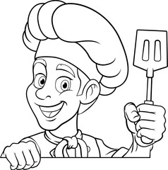 A chef, barbecue cook or baker cartoon food man mascot character holding a spatula and peeking around a sign or menu board with copy space illustration