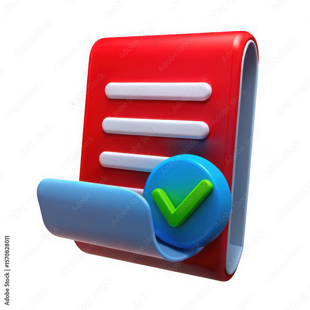 Poster 3d red document icon with blue checkmark and paper isolated on transparent background
