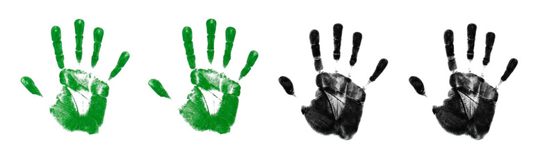 Set of diverse graphic design elements, colorful hand prints isolated on white background