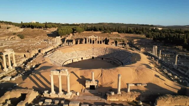 An aerial view captures the ancient city of laodicea in turkey, showcasing its wellpreserved roman amphitheater and historical architectural ruins