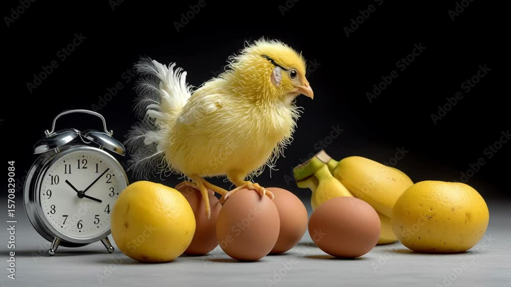Poster chicken is standing on top of a clock and eggs. the clock is set to the time of 10:30
