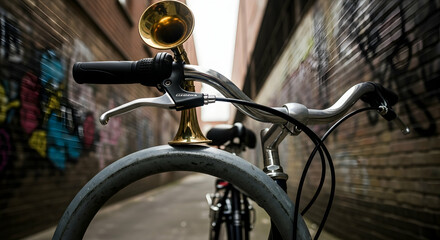 Vintage Bicycle Horn Mounted on Handlebars in Alley with Graffiti Art