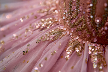 Close up detail of a sparkly pink tulle ballet tutu with gold sequins.