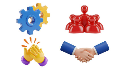3D Business Icons Set – Teamwork, Partnership, Collaboration, and Productivity

