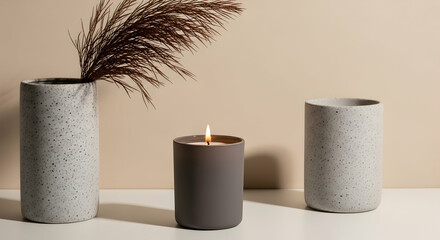 Minimalist Home Decor with Lit Candle and Modern Vases on Table