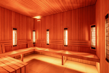 Modern infrared sauna room with wooden interiors and warm ambiance
