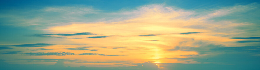 Colorful cloudy sky at sunset. Gradient color. Sky texture. Abstract nature background. Horizontal banner