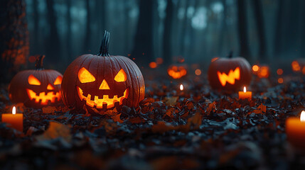 Spooky Halloween scene with glowing jack-o'-lanterns and candles scattered across fallen leaves in a dark, misty forest. Eerie and atmospheric autumn night setting.