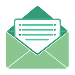 Open green envelope containing white paper with lines symbolizing a message email notification